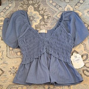 Altar'd State Dusty Blue Smocked Puff-Sleeve Peplum Top